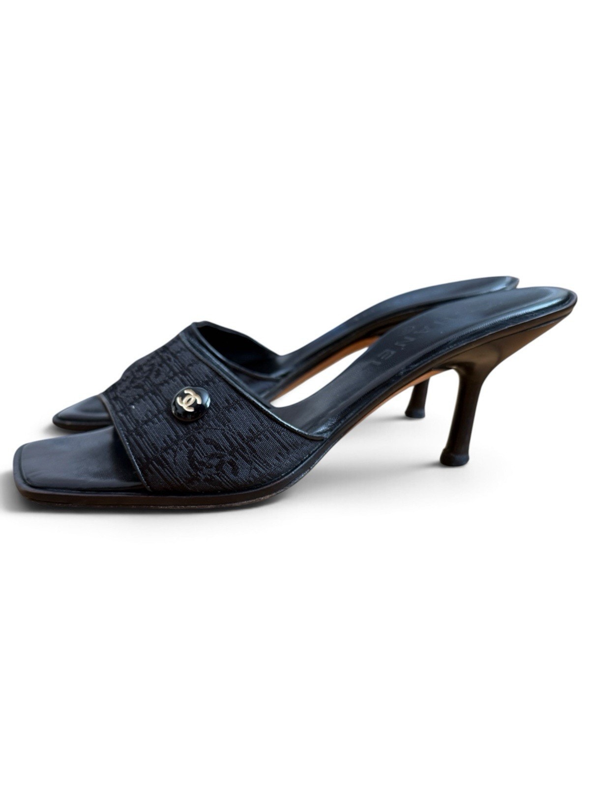 Chanel Vintage Y2k Black Cc Monogram Kitten Heel Slide Sandals 39 Italy 8.5 Guc